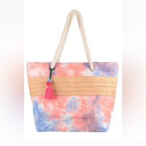 Tie-Dye Canvas Tote Bag w/Rope Handles & Tassel Accent Zipper Closure-NEW